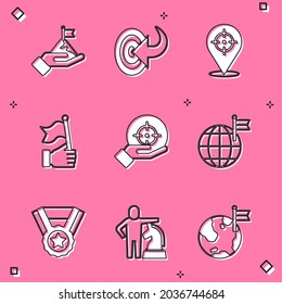 Set Mountains with flag, Target, Hand holding, Planet, Medal and Chess icon. Vector