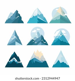 Set of mountains in a flat design, minimalism style. Collection of simplified mountain shapes. Visually balanced composition on a white background, a serene and minimalist landscape