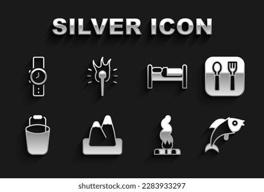 Set Mountains, Fork and spoon, Fish, Campfire, Bucket, Bed, Wrist watch and Torch flame icon. Vector