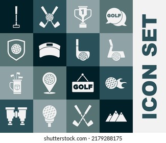 Set Mountains, Golf ball, club with, Award cup golf, Sun visor cap, shield,  and  icon. Vector