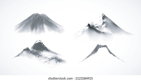 Set of mountains hand drawn with ink in traditional Japanese ink wash painting sumi-e. 