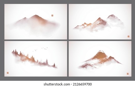 Set of mountains hand drawn with ink in traditional Japanese ink wash painting sumi-e style. Hieroglyph - happiness.