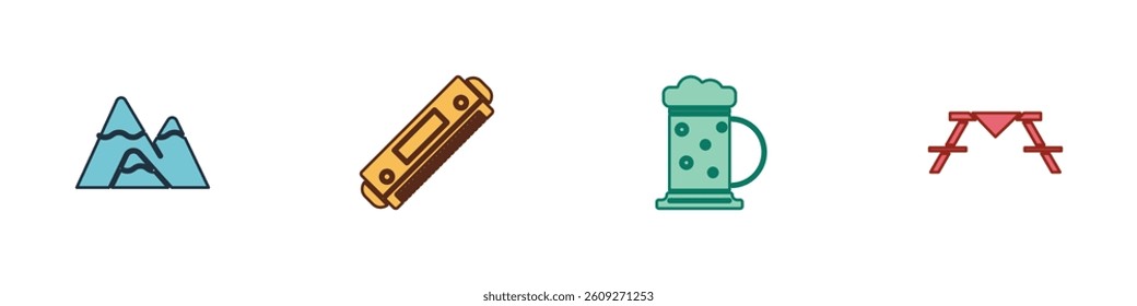 Set Mountains, Harmonica, Wooden beer mug and Picnic table with benches icon. Vector
