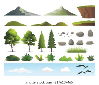 Berge, Hügel, Klippen, Steine, Baum, Buschvögel und -klappen, Naturlandschaften Elemente Vektorgrafik.