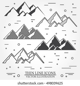 Set of mountains icons. Set include silhouettes and thin line icons . Winter icons for family vacation, activity or travel. For logo design, patches, seal, logo or badges. Mountains thin line icon.