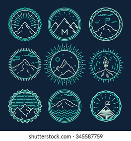 Set of mountains icons, logotypes, monograms. Concept design elements, vector illustration, trendy linear style.