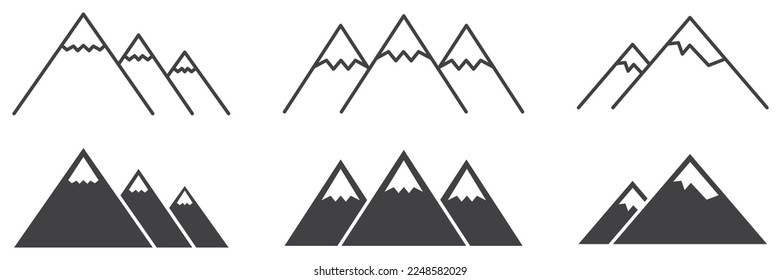 Set of mountains icons. Mountain peaks with snow, peak signs. Vector illustration.