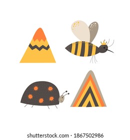 Está rodeado de montañas e insectos de estilo escandinavo. Ilustración vectorial de dibujo manual.