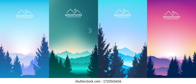 Set of mountains landscapes. Realistic forest, trees. sunrise, sunset, day, morning, night, mountain lake, fog on the rocks and in the valley. Hiking adventure background. Vector illustration