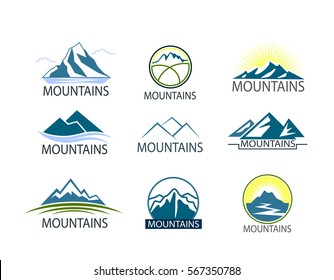 Set of Mountains logo, icon Vector Illustration, Graphic Design For Web, Websites, App, Print, Presentation Templates, Mobile Applications And Promotional Materials. Different Shape