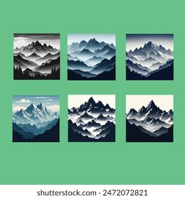 Set of Mountains Majestic peaks and Realistic mountains landscape. Morning wood panorama, pine trees and mountains silhouettes. Vector forest hiking background vector illustration
