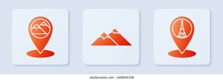 Set Mountains, Map pointer with mountain and Map pointer with Eiffel tower. White square button. Vector