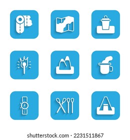 Set Mountains, Match stick, Tourist tent, Cup of tea, Wrist watch, Torch flame, Trash can and Paper towel roll icon. Vector