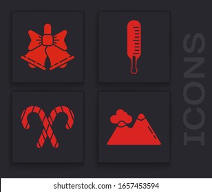 Set Mountains, Merry Christmas ringing bell, Meteorology thermometer measuring and Christmas candy cane with stripes icon. Vector