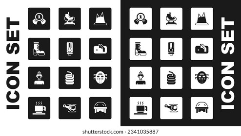 Set Mountains, Meteorology thermometer, Waterproof rubber boot, Medal, Ice hockey goal, Skates, Hockey mask and Winter athlete icon. Vector