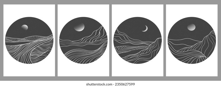 Set of mountains and ocean wave landscape illustration. Round icon. Creative minimalist modern line art print. Abstract contemporary aesthetic backgrounds landscapes. with Ocean, hills, wave