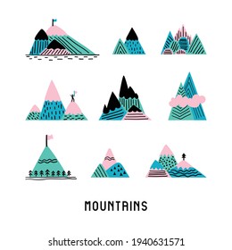 Set of mountains on white background. Colorful flat illustration with different hills