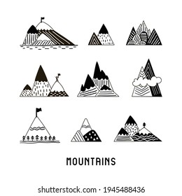 Set of mountains on white background. Black and white flat illustration with different hills