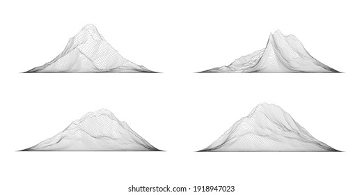  Set of mountains on white background.Technological landscape.Digital terrain cyberspace .Vector illustration.
