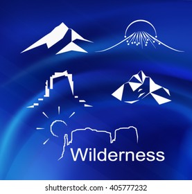 Set of mountains peaks and rocks on the blue background. Fuji. Everest. Grand Canyon. Eps 10.