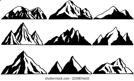 Set Mountains peaks, ski logo design elements icon collection isolated on white background.