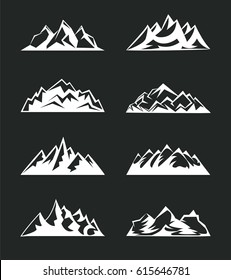 Set Mountains peaks, ski logo design elements icon collection isolated. Vector Illustration accident investigation, hiking, rock climbing camping traveling in the mountains.