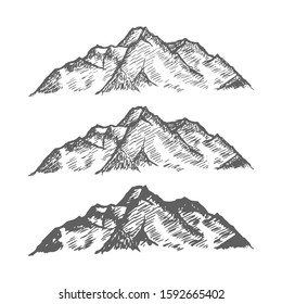 set of mountains peaks, vintage, old looking hand drawn, sketch or engraved style, different versions for hiking, climbing. Vector illustration