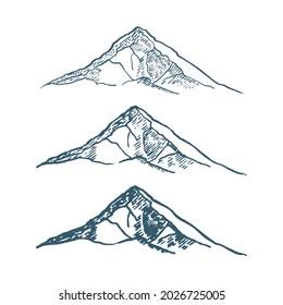set of mountains peaks, vintage, old looking hand drawn, sketch, different versions for hiking, climbing. Vector illustration