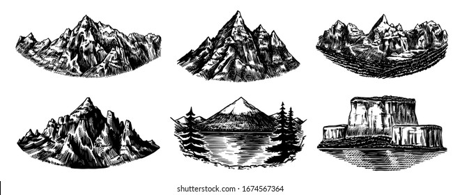 Set of mountains peaks, vintage rock, old highlands range. Hand drawn vector outdoor sketch in engraved style. Alps and Chamonix-Mont-Blanc for hiking card, climbing banner, tattoo or label.