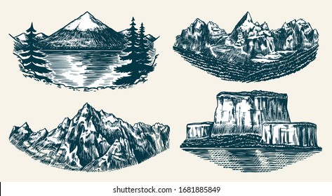 Set of mountains peaks, vintage rock, old highlands range. Hand drawn vector outdoor sketch in engraved style. Alps and Chamonix-Mont-Blanc for hiking card, climbing banner, tattoo or label.