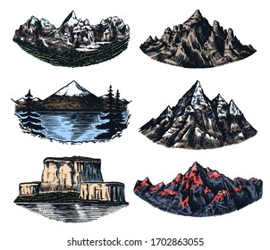 Set of mountains peaks, vintage rock, old highlands range. Hand drawn vector outdoor sketch in engraved style. Alps and Chamonix-Mont-Blanc for hiking card, climbing banner, tattoo or label.