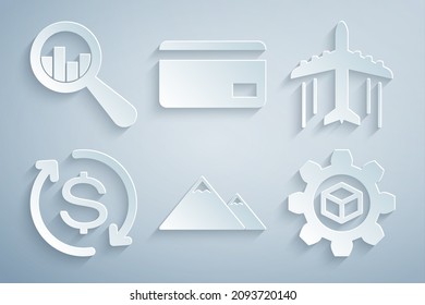 Fijar Montañas, Plano, Retorno de la inversión, Desarrollo del producto, Tarjeta de crédito e Icono de vidrio y análisis de aumento. Vector