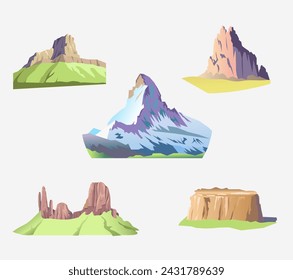 Set von Bergen und Felsen auf einem weißen Hintergrund. Vektorgrafik