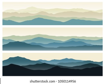 Set of mountains seamless backgrounds. Green nature landscapes in the summer evening. Vector horizontal banners.