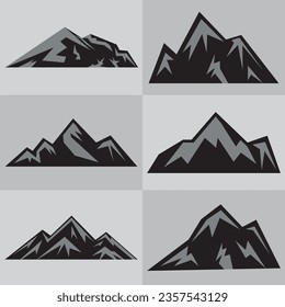 Conjunto de formas montañosas. Siluetas de montaña para logos y insignias. Paisaje de camping e ilustración de senderismo. Viajes al aire libre, aventura, turismo, elementos de diseño de escalada