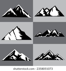 Set of mountains shapes. Mountain silhouettes for logos and badges. Camping landscape and hiking illustration. Outdoor travel, adventure, tourism, climbing design elements