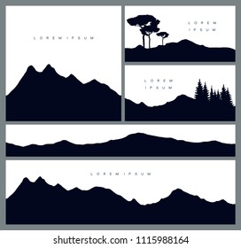 Set of mountains silhouette backgrounds. Vector templates for business cards, greetings, prints, web design, invitations and banners. Stylish cards in outdoor style. Travelling and environment concept