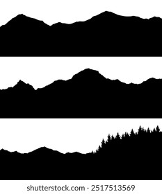 Set of mountains silhouettes landscape background. Rocky panorama with mountains skyline and pine tree forest. Scenery with slopes, vector cartoon illustration