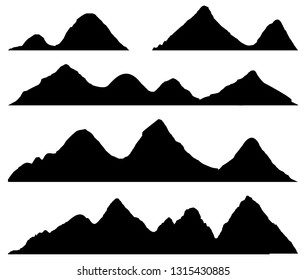 Set of Mountains silhouettes on the white background. Wide semi-detailed panoramic silhouettes of highlands, mountains and rocky landscapes. Isolated Row of Mountains in Vector Illustration.