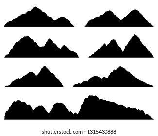 Set of Mountains silhouettes on the white background. Wide semi-detailed panoramic silhouettes of highlands, mountains and rocky landscapes. Isolated Row of Mountains in Vector Illustration.