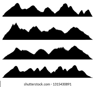 Set of Mountains silhouettes on the white background. Wide semi-detailed panoramic silhouettes of highlands, mountains and rocky landscapes. Isolated Row of Mountains in Vector Illustration.