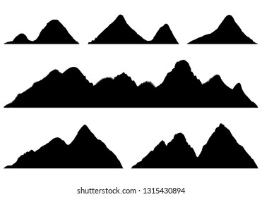 Set of Mountains silhouettes on the white background. Wide semi-detailed panoramic silhouettes of highlands, mountains and rocky landscapes. Isolated Row of Mountains in Vector Illustration.