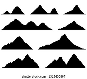 Set of Mountains silhouettes on the white background. Wide semi-detailed panoramic silhouettes of highlands, mountains and rocky landscapes. Isolated Row of Mountains in Vector Illustration.