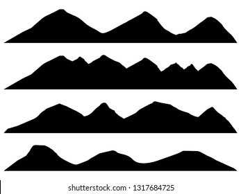 Set of Mountains silhouettes on the white background. Wide semi-detailed panoramic silhouettes of highlands, mountains and rocky landscapes. Isolated Row of Mountains in Vector Illustration. 