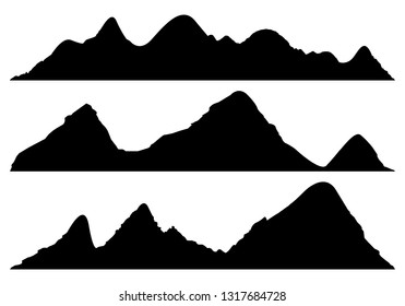 Set of Mountains silhouettes on the white background. Wide semi-detailed panoramic silhouettes of highlands, mountains and rocky landscapes. Isolated Row of Mountains in Vector Illustration. 