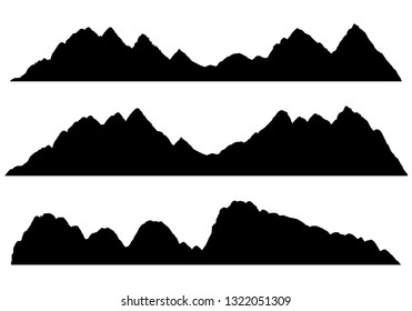 Set of Mountains silhouettes on the white background. Wide semi-detailed panoramic silhouettes of highlands, mountains and rocky landscapes. Isolated Row of Mountains in Vector Illustration.