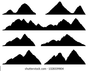 Set of Mountains silhouettes on the white background. Wide semi-detailed panoramic silhouettes of highlands, mountains and rocky landscapes. Isolated Row of Mountains in Vector Illustration.