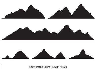 Set of Mountains silhouettes on the white background. Wide semi-detailed panoramic silhouettes of highlands, mountains and rocky landscapes. Isolated Row of Mountains in Vector Illustration. 