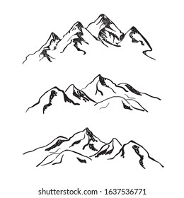 Set mountains sketch. Hand drawn vector illustration. Mountain travel, highlands range. Rocky peaks. Landscape silhouette