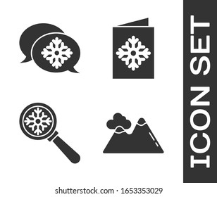 Set Mountains, Snowflake with speech bubble, Magnifying glass with snowflake and Christmas postcard icon. Vector